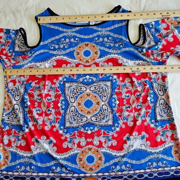 Susan Graver Multicolor Mandala Print Cold Shoulder Short Sleeve Tunic Top 1X - Picture 8 of 11